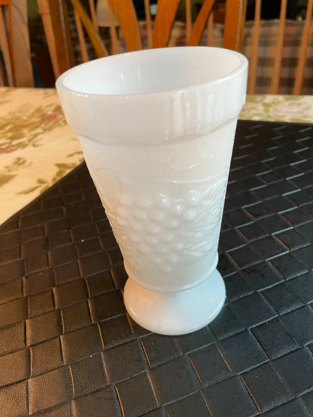 Vintage White Milk Glass Vase with Grape Design 5 3/4